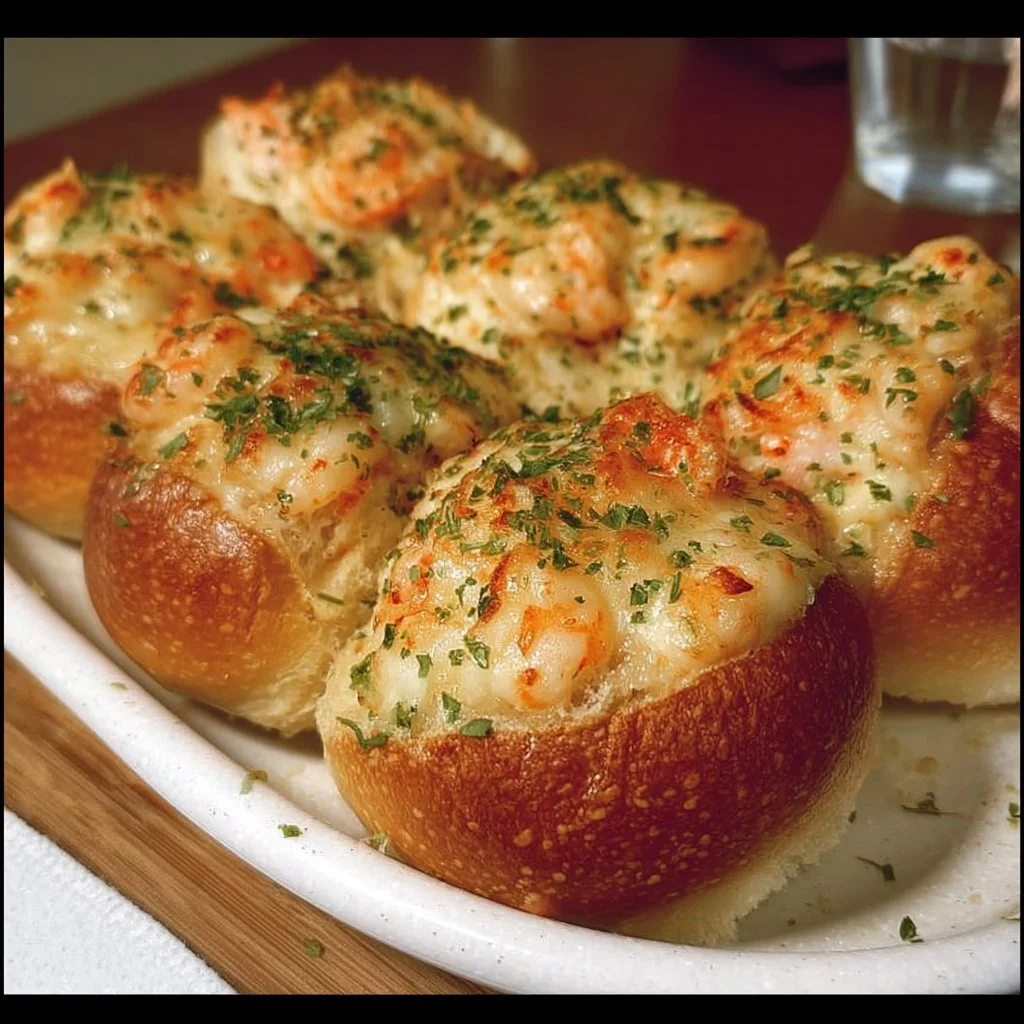 Delicious crabby shrimp-stuffed garlic bread bombs served on a plate.