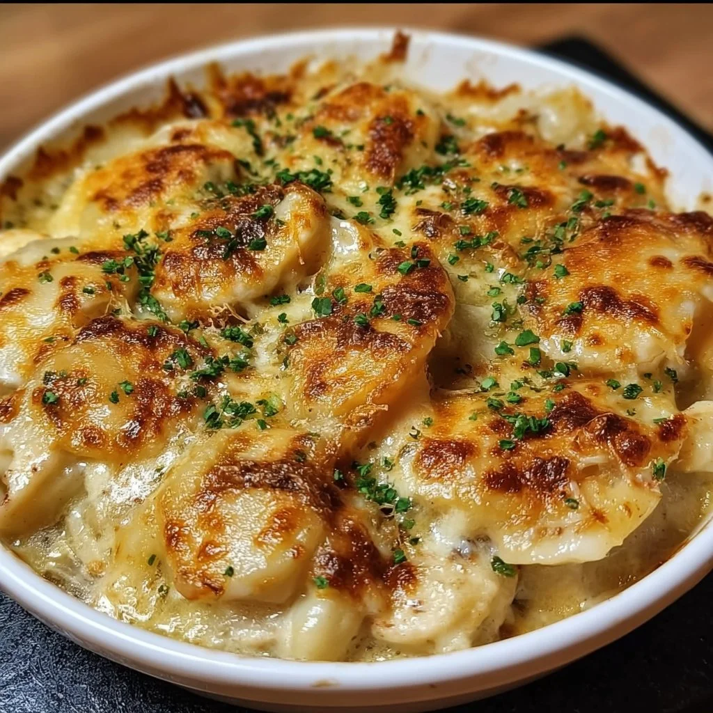 Baked Crack Chicken Pierogi Casserole with creamy chicken and cheese