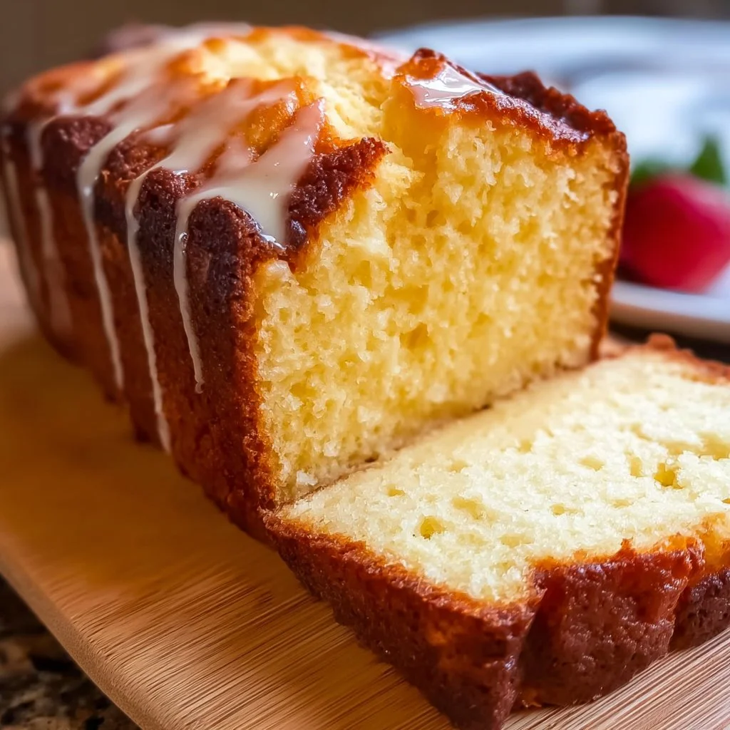 Delicious slice of cream cheese pound cake on a wooden board