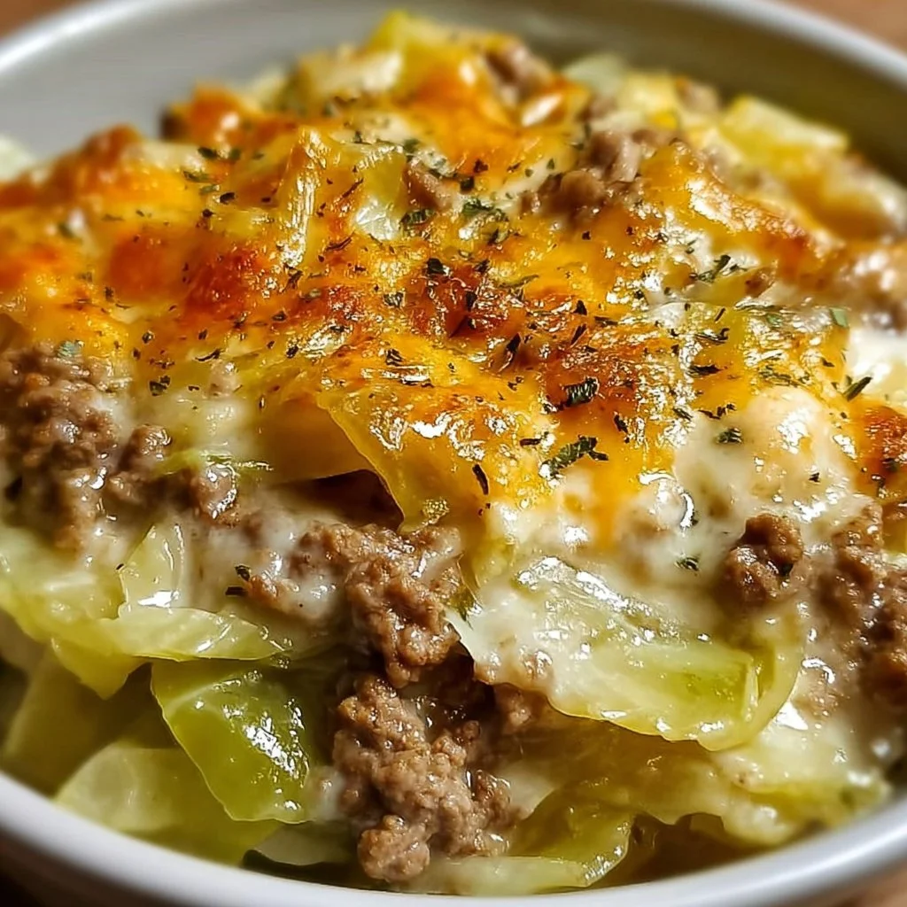 Creamed cabbage casserole with ground beef topped with cheese