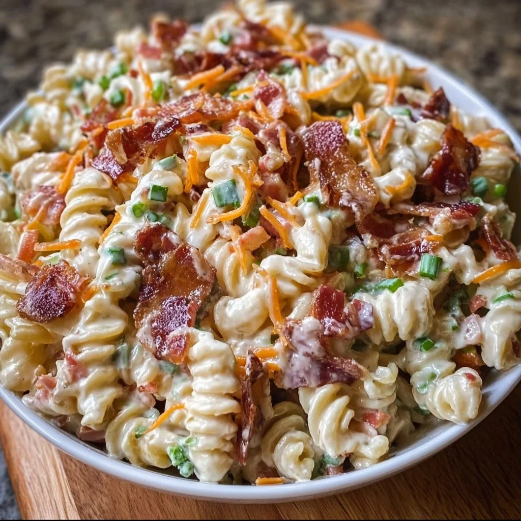 Creamy Bacon Ranch Pasta Salad served in a bowl with fresh ingredients and bacon pieces