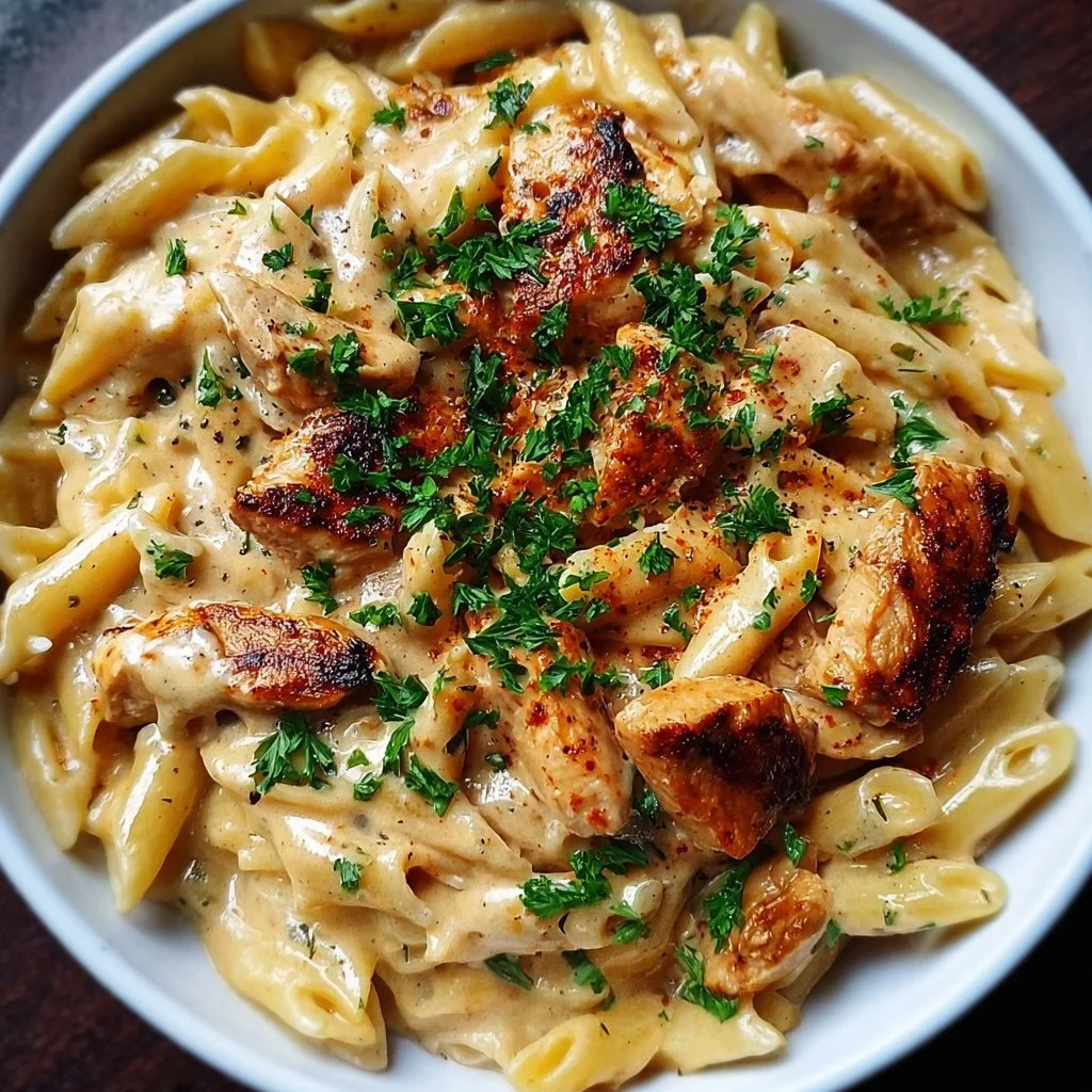 Creamy Cajun chicken pasta in a bowl garnished with parsley and red pepper flakes