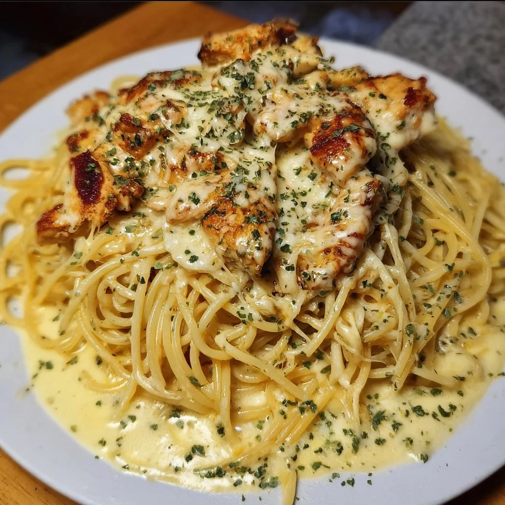 Creamy Cajun Chicken Spaghetti topped with Garlic Mozzarella Sauce