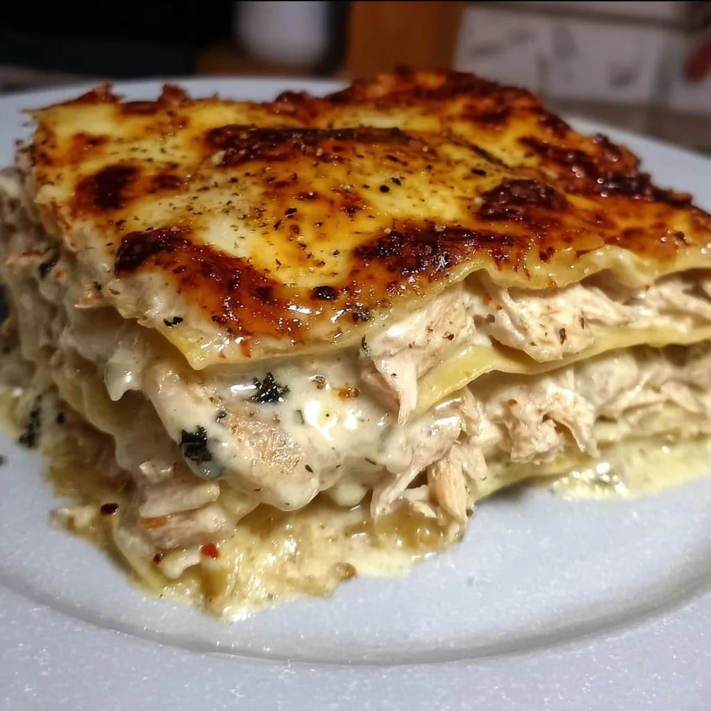 Creamy chicken lasagna with white sauce topped with cheese and herbs