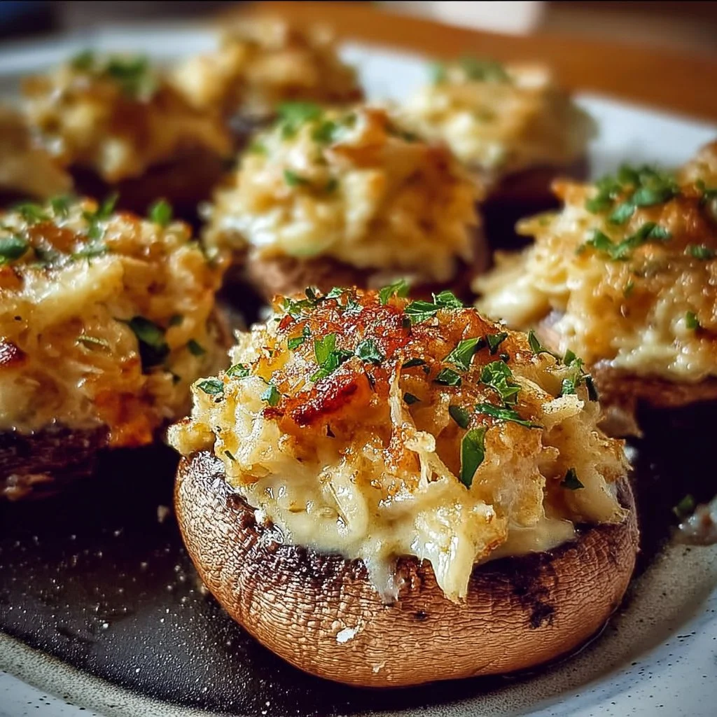Creamy garlic crab-stuffed mushrooms appetizer topped with herbs