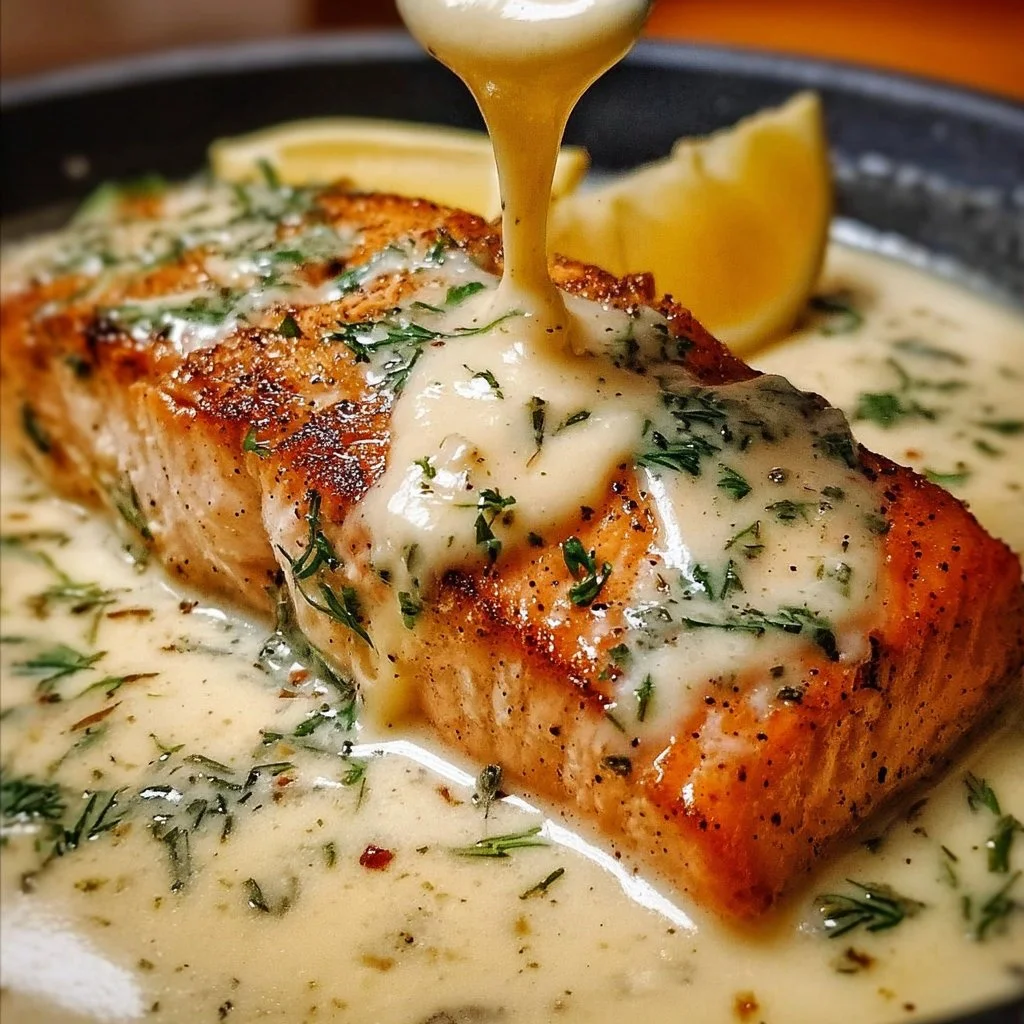 Creamy garlic salmon dish with herbs and lemon on a plate
