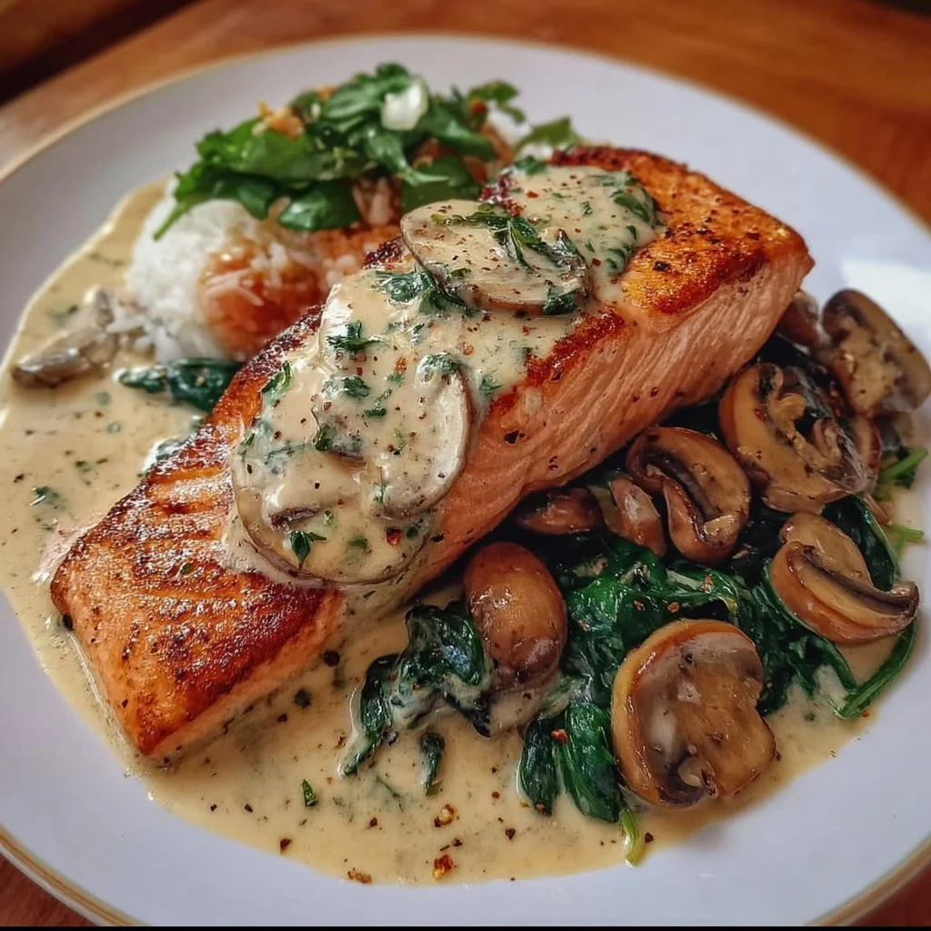 Creamy garlic salmon with spinach and mushrooms on a plate
