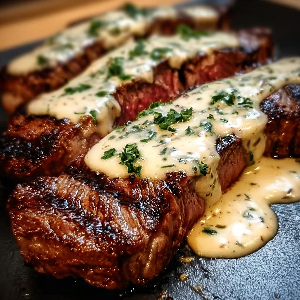 Delicious creamy garlic sauce drizzled over a perfectly grilled steak.