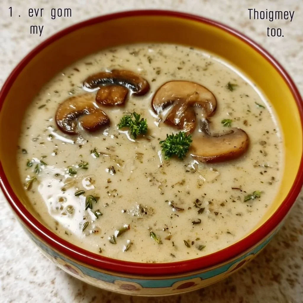 Bowl of creamy mushroom soup garnished with fresh herbs and croutons