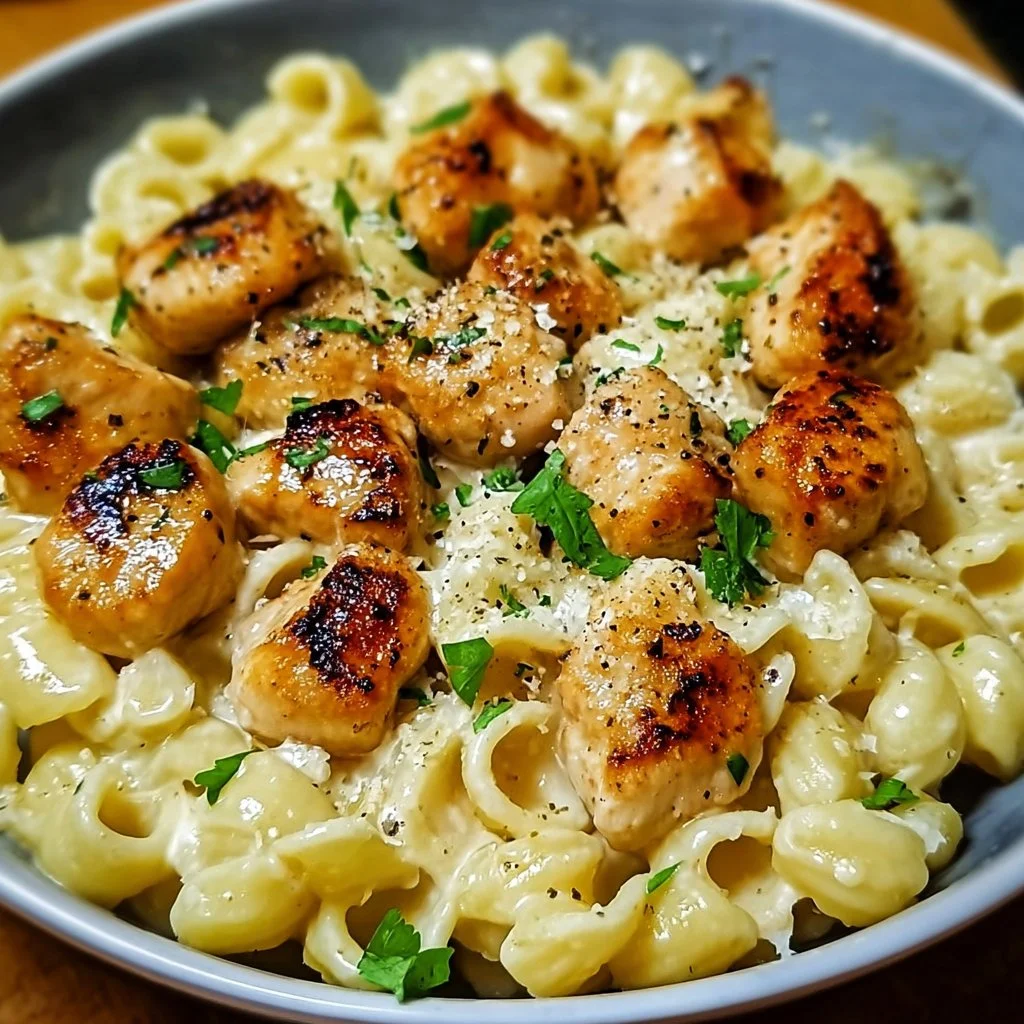 Creamy Parmesan Pasta topped with garlic butter chicken bites on a plate