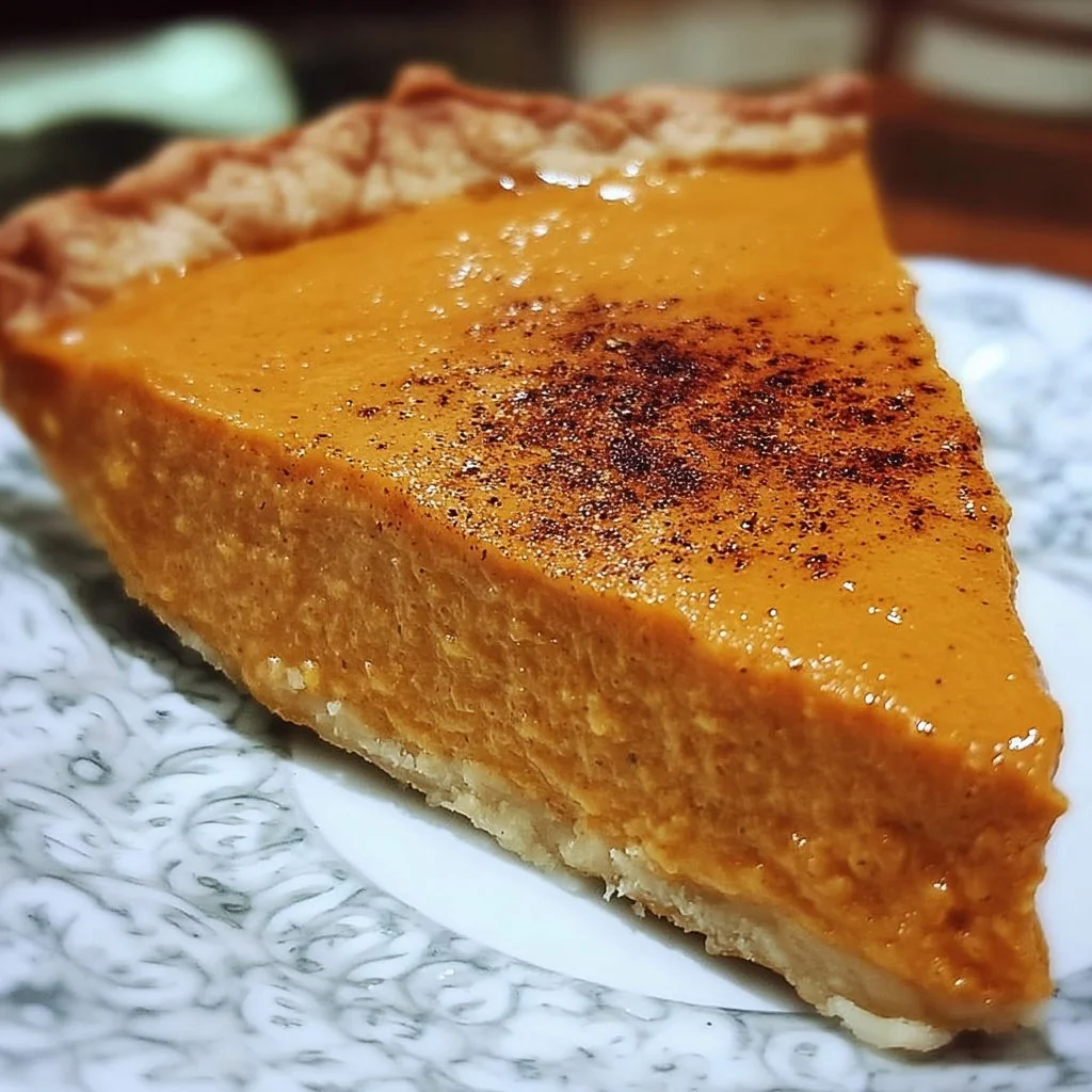 Slice of creamy sweet potato pie topped with whipped cream on a rustic table