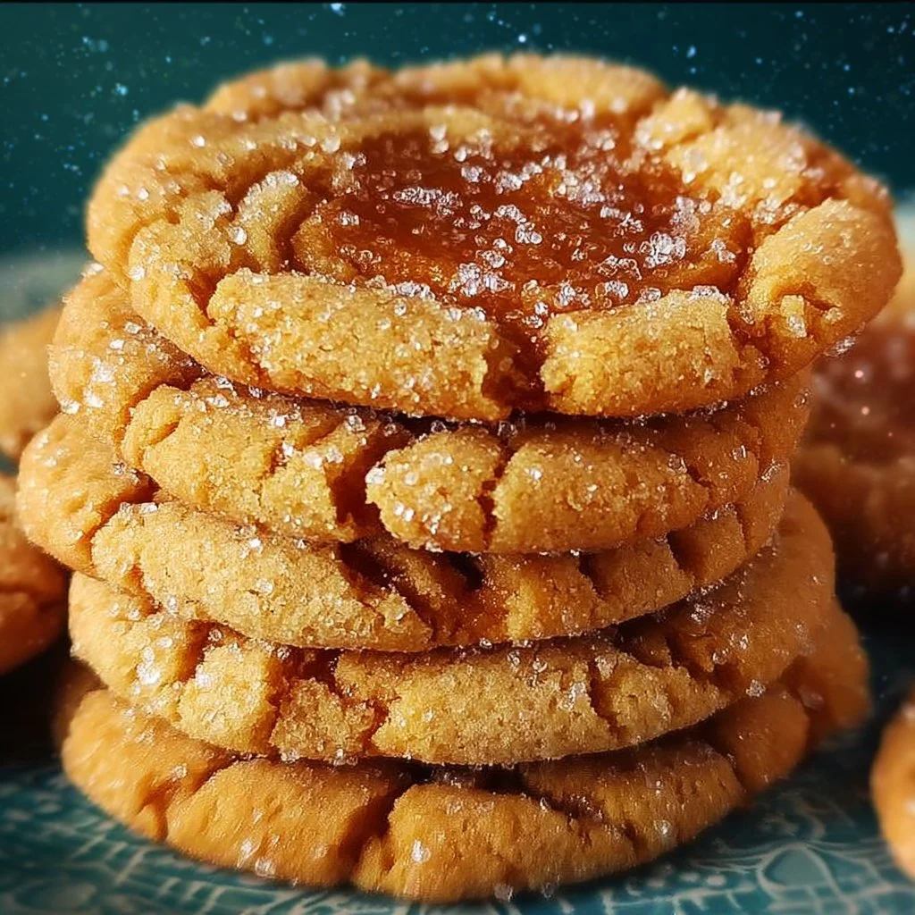 Delicious crinkly crackly butter toffee sugar cookies stacked on a plate.