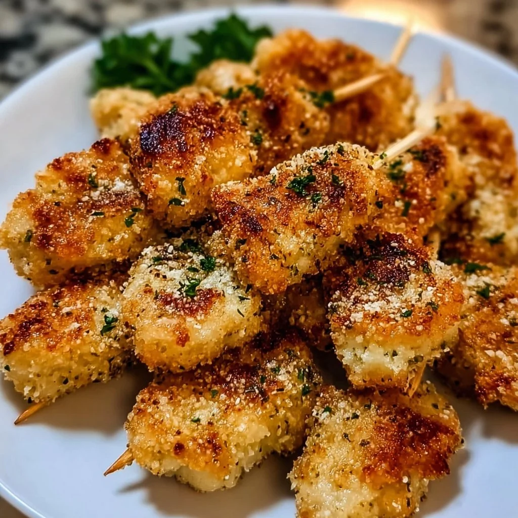 Crispy garlic parmesan chicken bites cooked in an air fryer, served with dipping sauce.