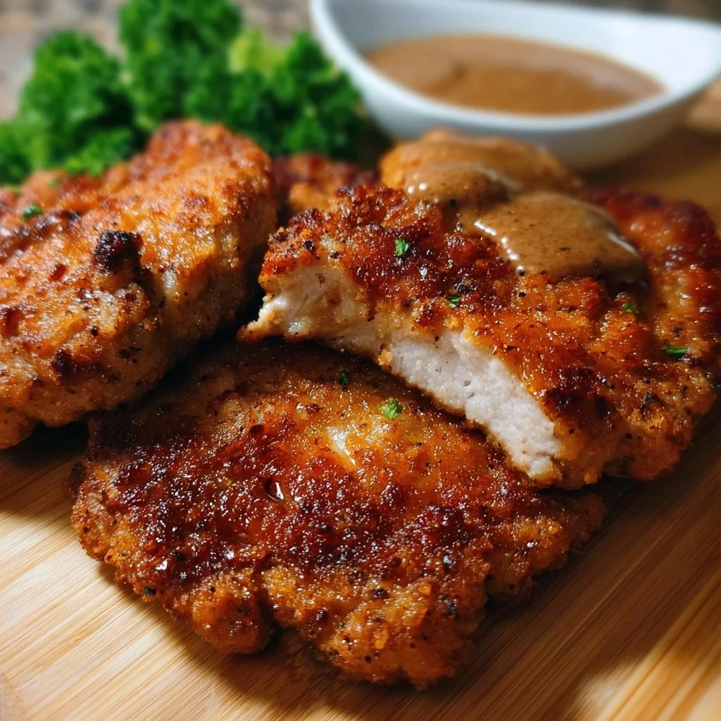 Crispy and tender country fried pork chops served with sides