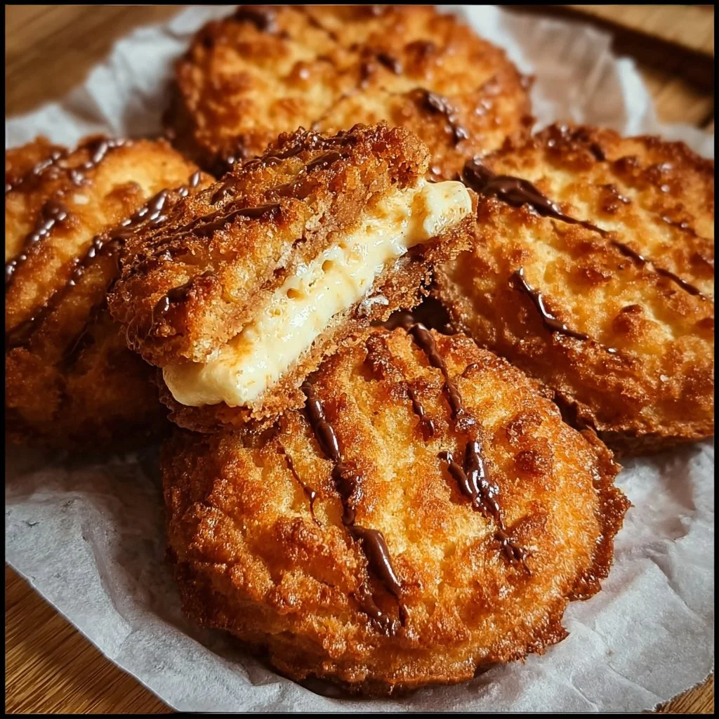 Crispy cheesecake cookie croffles served on a plate with toppings.