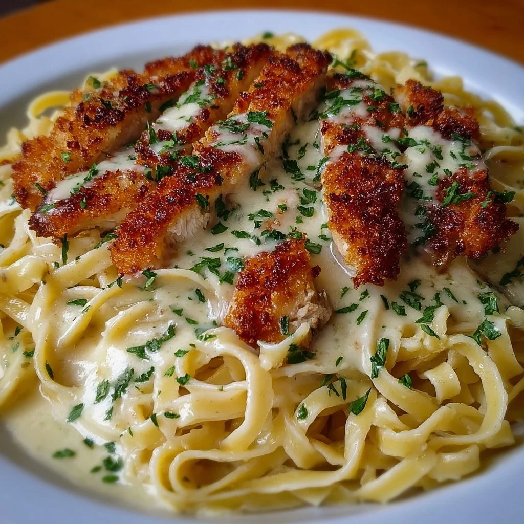 Crispy Chicken Fettuccine Alfredo served in a creamy sauce with parsley garnish
