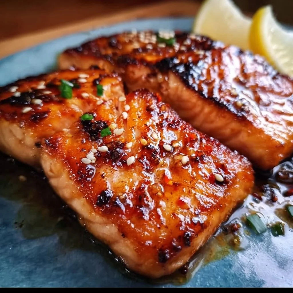 Crispy honey garlic glazed salmon served on a plate with herbs.