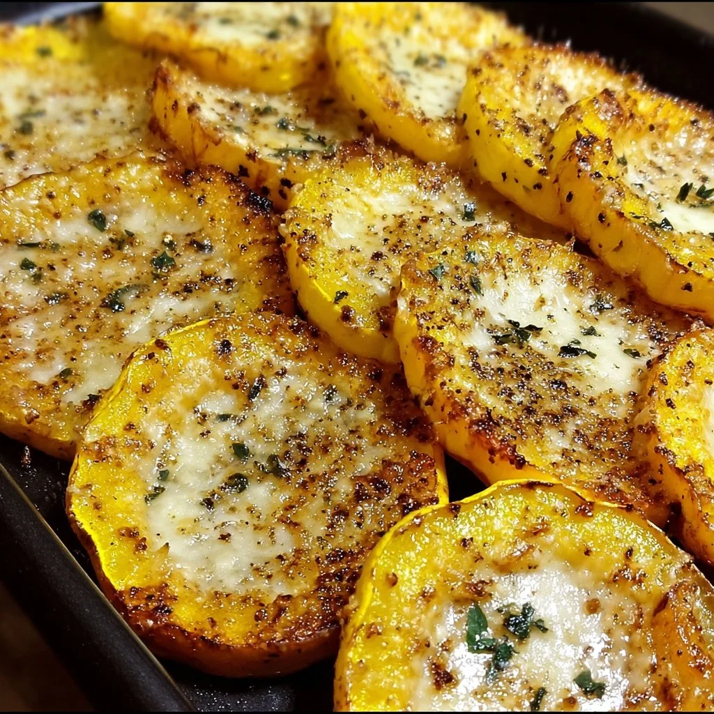 Crispy Parmesan roasted squash served on a plate garnished with herbs