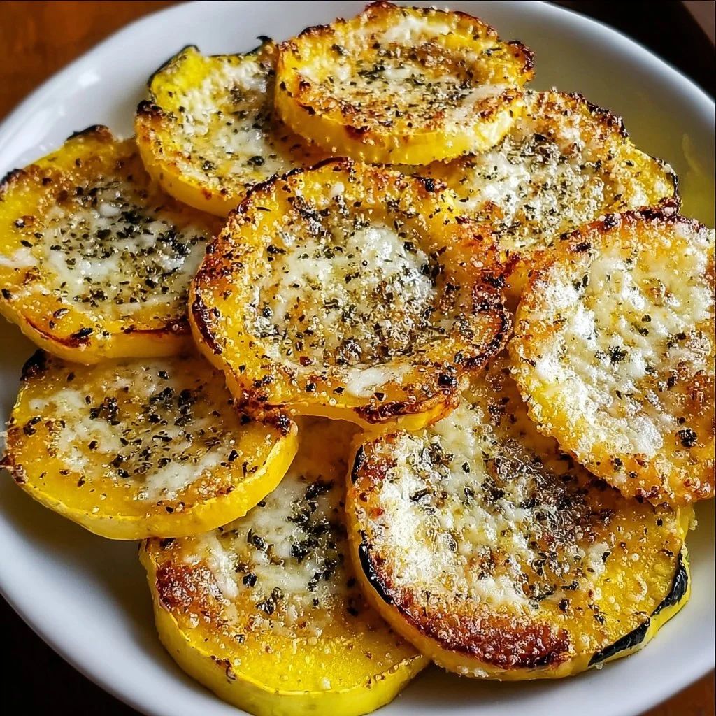 Crispy Parmesan roasted squash garnished with herbs and spices on a plate