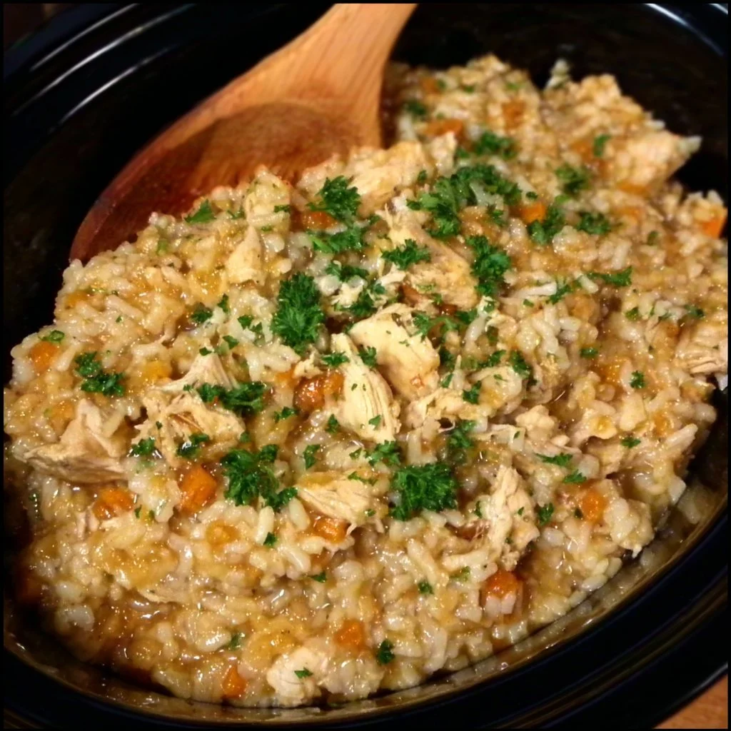 Crock Pot Chicken and Rice dish, showcasing tender chicken with fluffy rice.