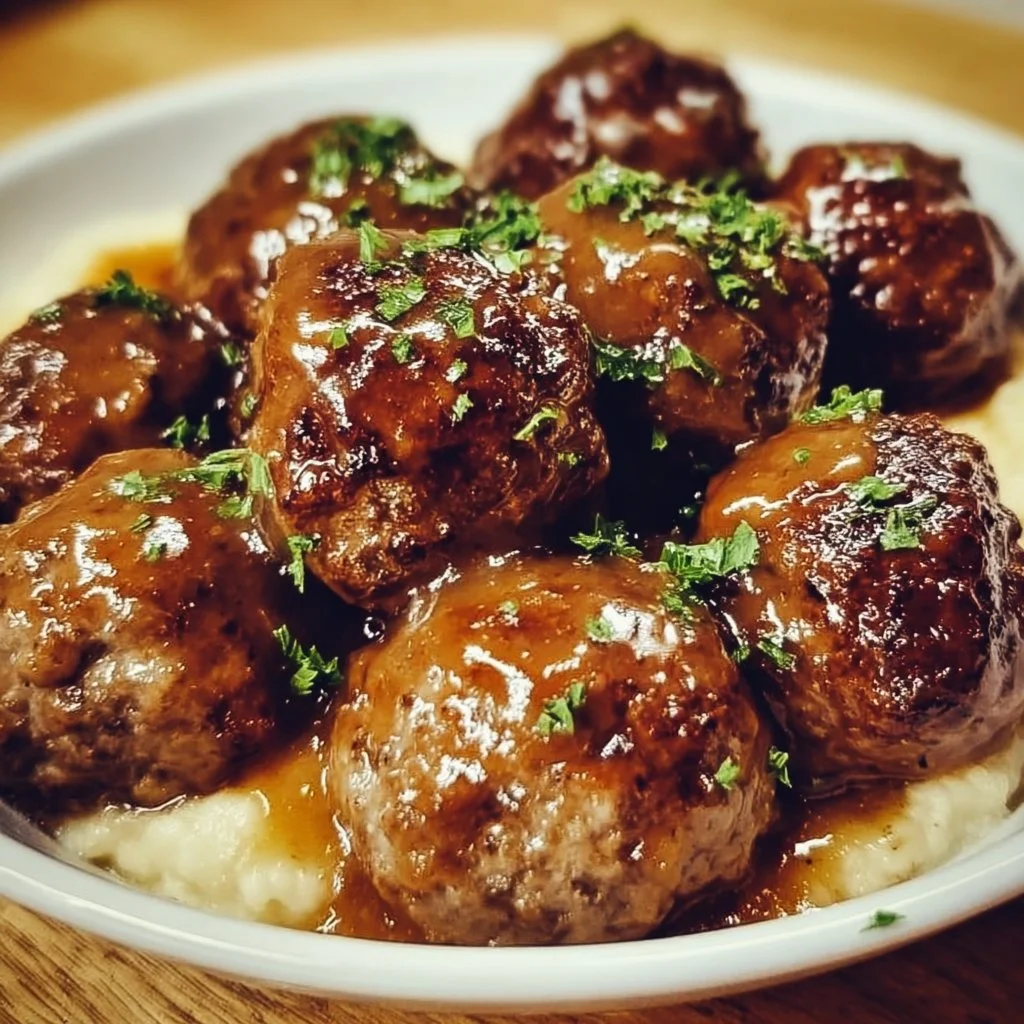 Delicious crock pot French onion meatballs served with melted cheese and herbs.
