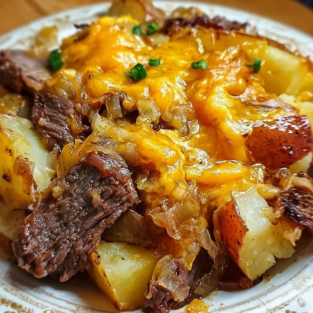 Crockpot loaded steak and potato bake served in a bowl with fresh herbs