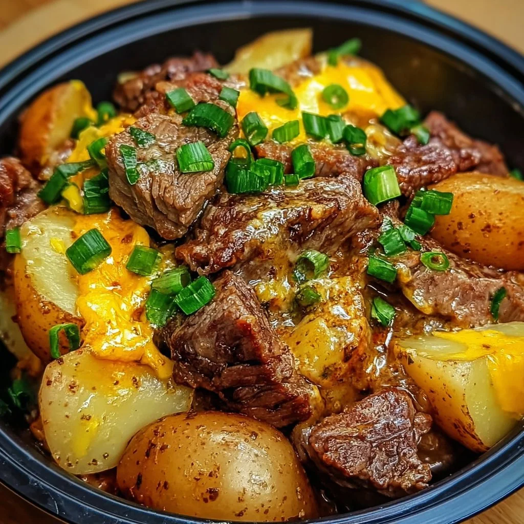 Crockpot Loaded Steak and Potato Bake ready to serve with melted cheese and herbs
