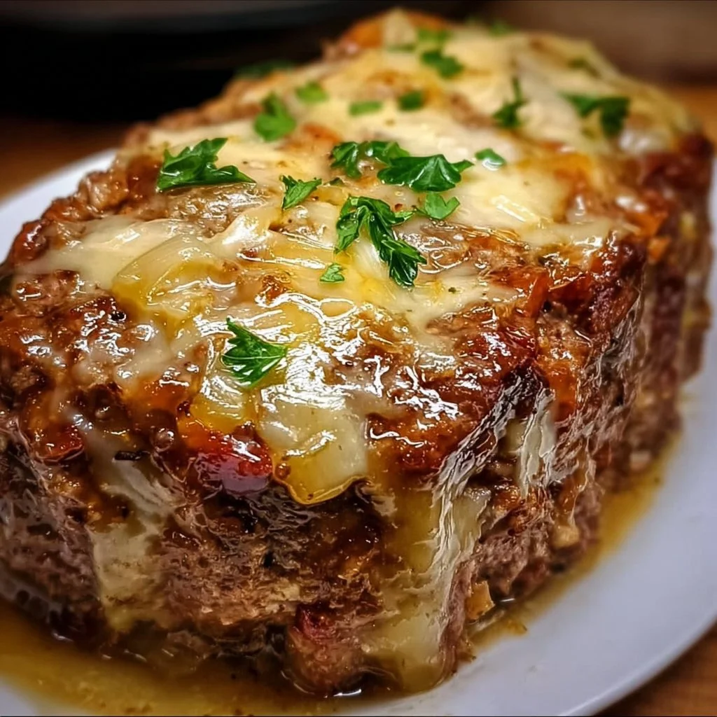Crockpot meatloaf with savory onion and Swiss cheese melting on top
