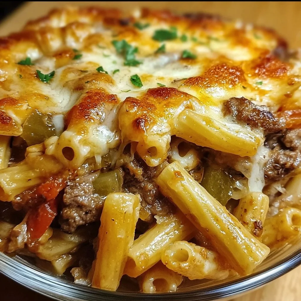 Crockpot Philly Cheesesteak Pasta Casserole topped with melted cheese and herbs