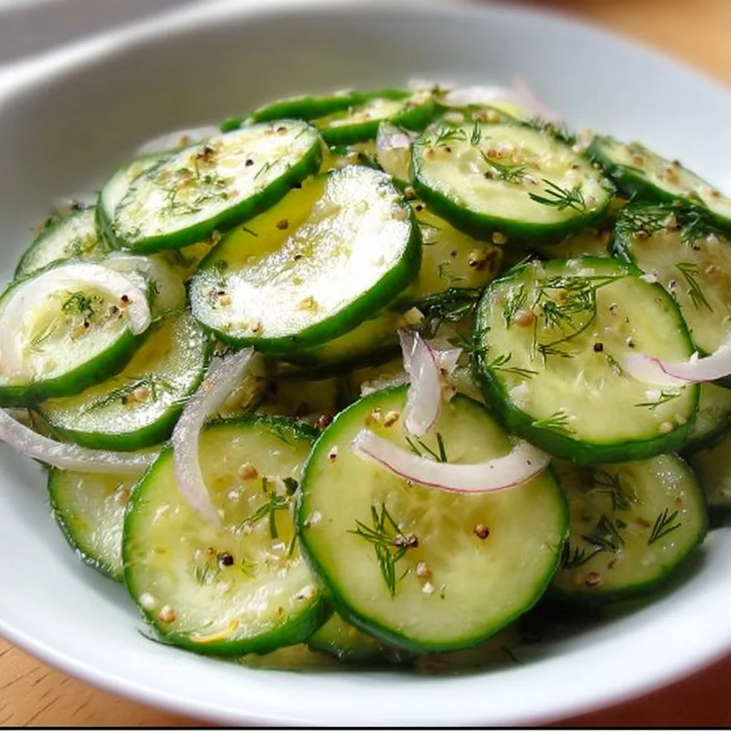 Fresh cucumber salad with herbs and dressing in a bowl