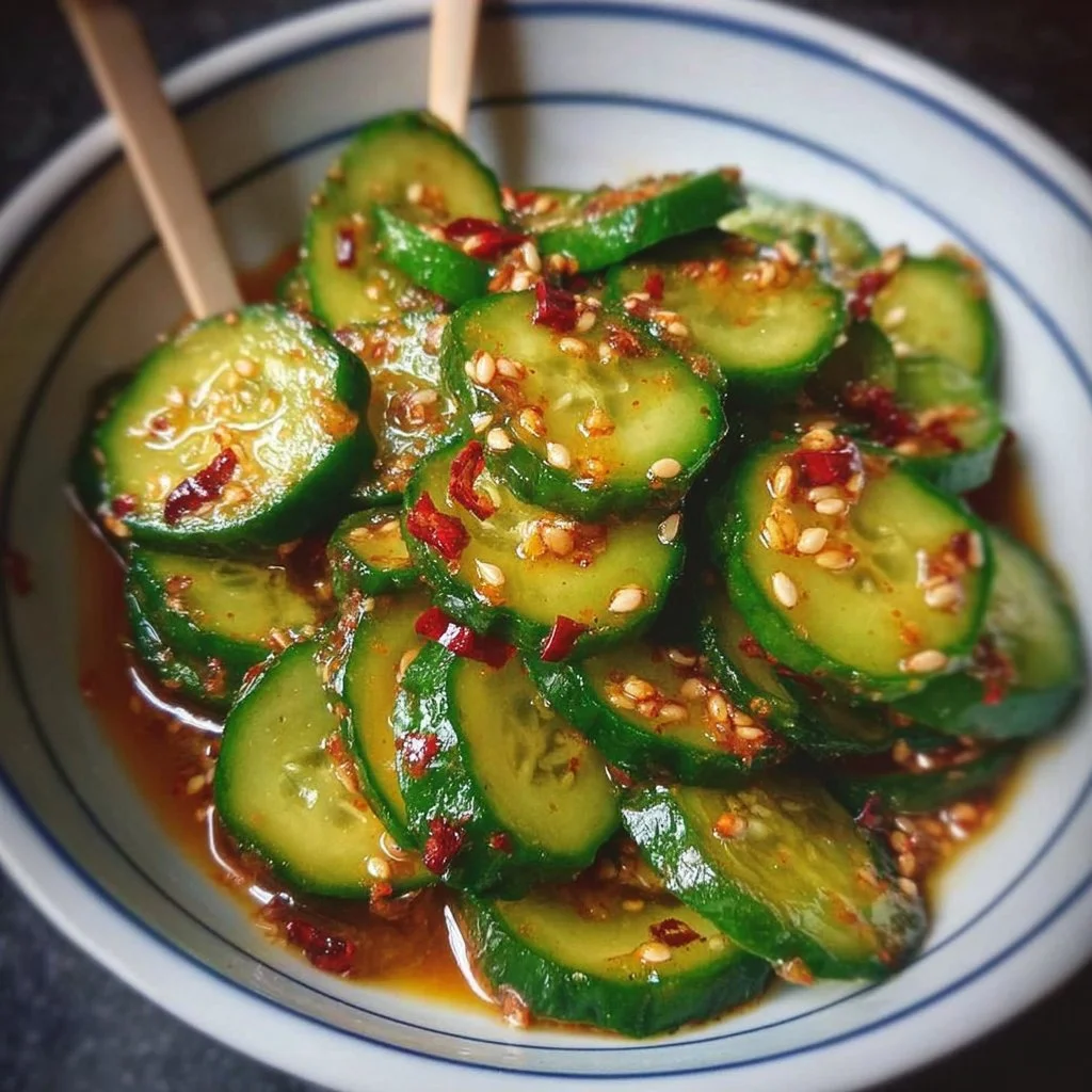 Cucumber salad with garlic and sesame in a bowl garnished with herbs
