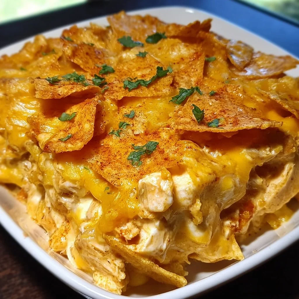 Delicious Doritos Cheesy Chicken Casserole with layers of cheese and chicken