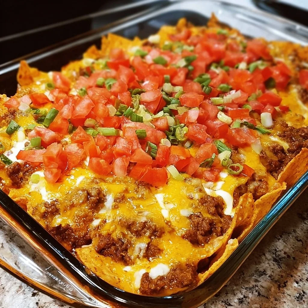 Delicious Doritos Taco Casserole Bake topped with cheese and garnished with fresh cilantro