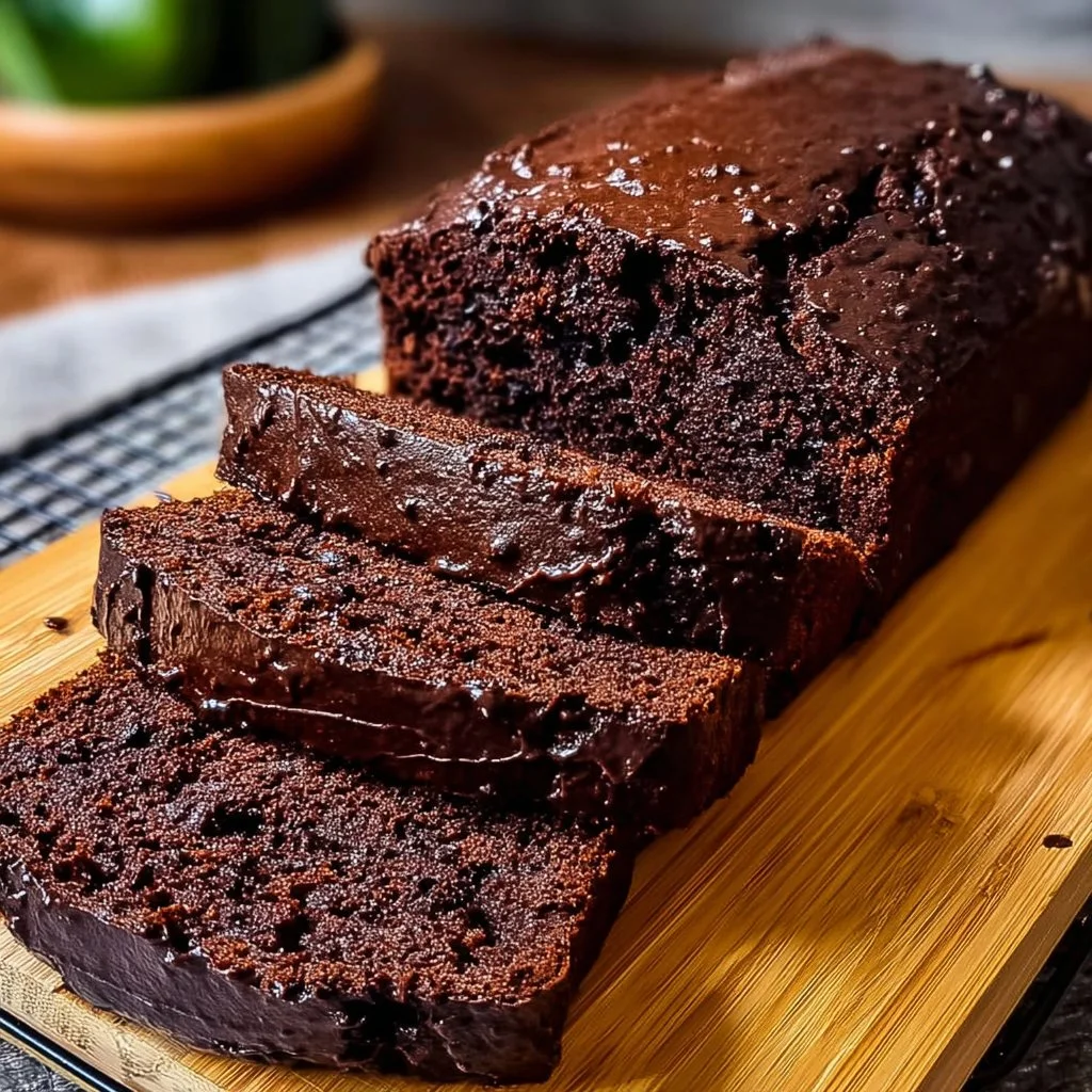 Slice of double chocolate zucchini bread on a plate with chocolate chips