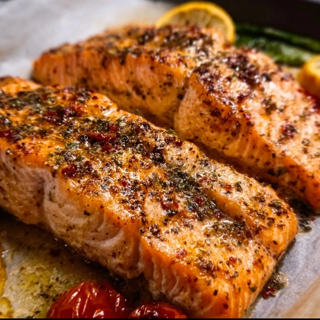 Easy baked salmon recipe on a platter with lemon and herbs.