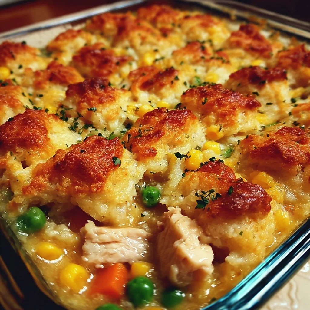 Delicious easy chicken cobbler dinner casserole in a baking dish