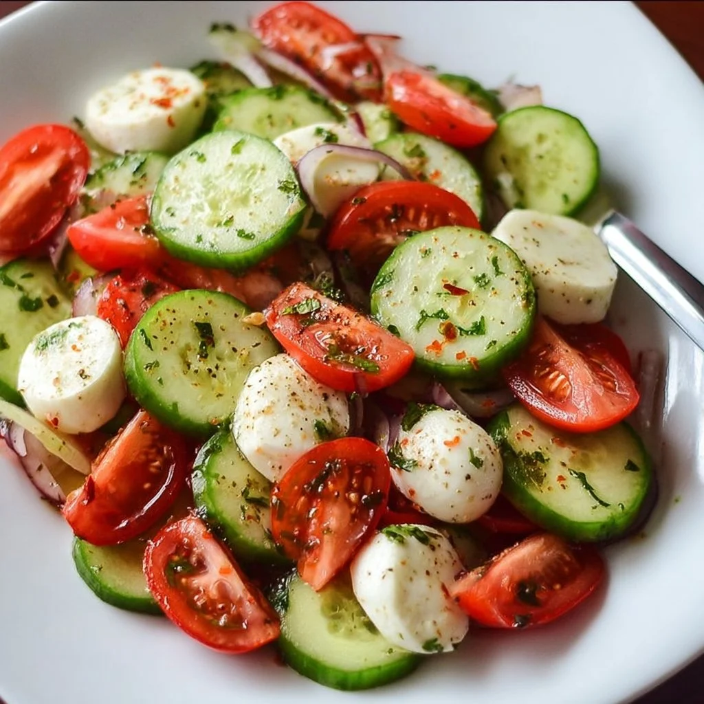 Fresh cucumber caprese salad with mozzarella and basil