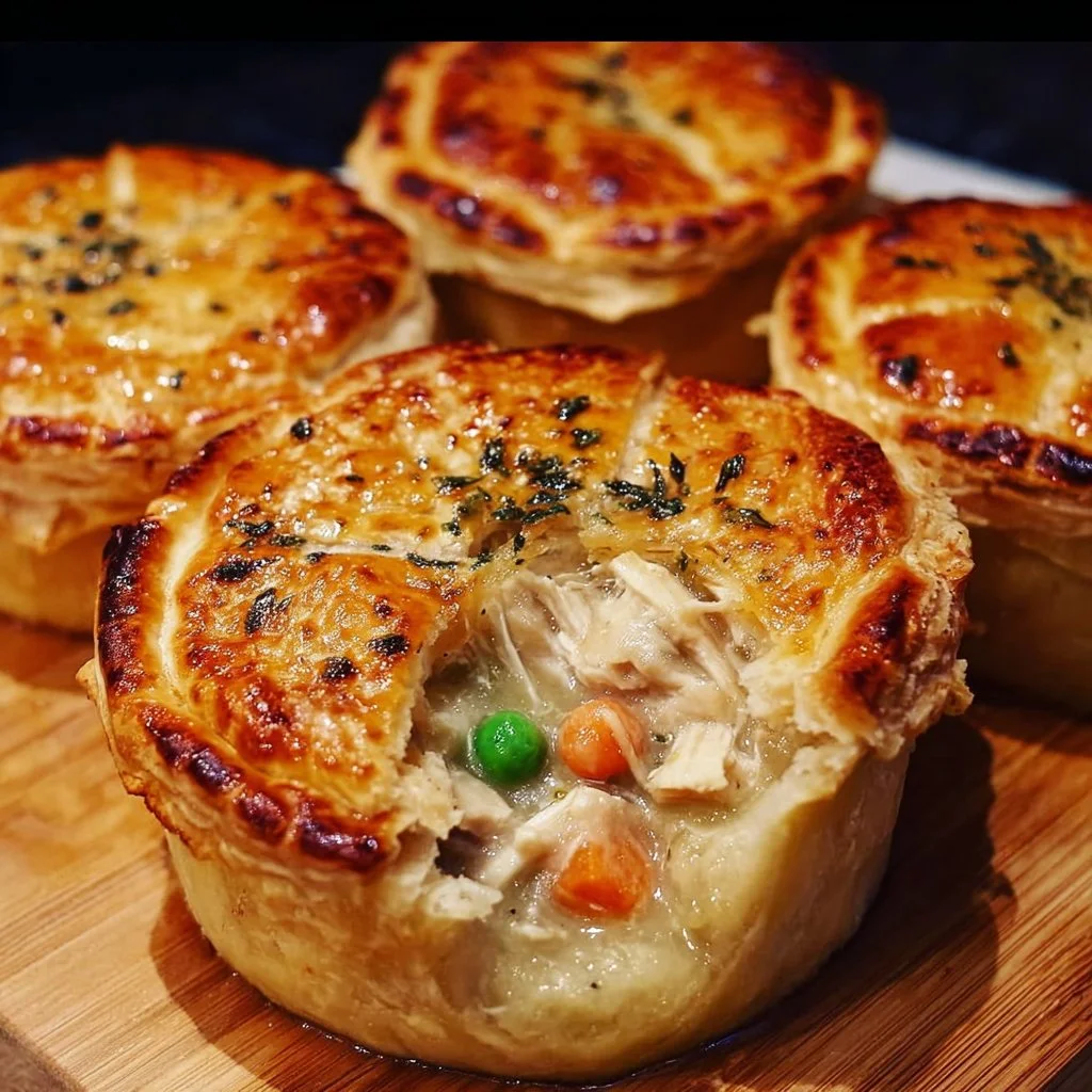 Easy mini chicken pot pies with flaky crust and filling of chicken and vegetables
