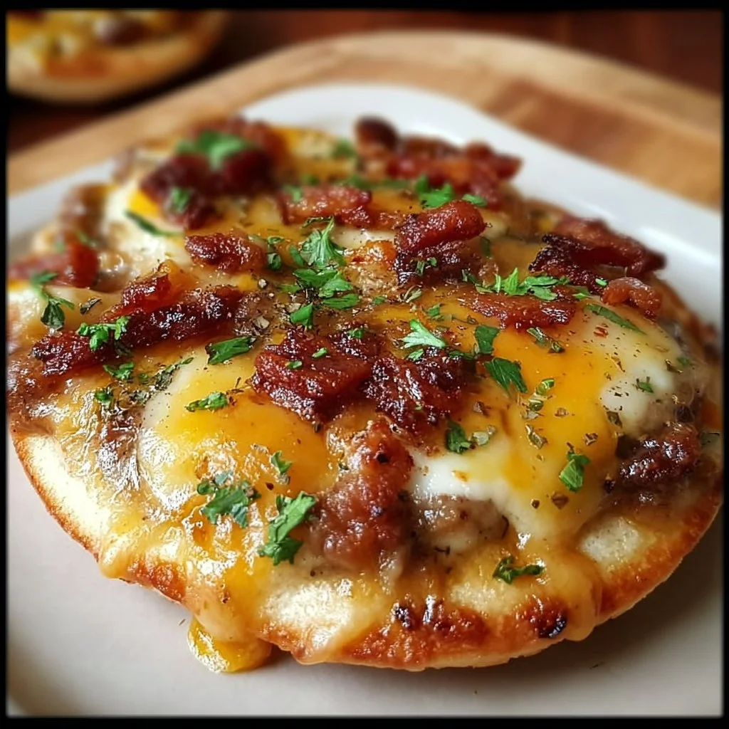 Delicious English muffin breakfast pizza topped with eggs and cheese
