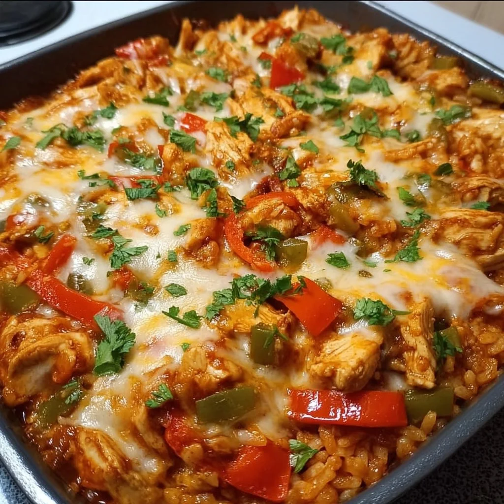 Fajita Chicken Casserole dish with colorful peppers and cheese