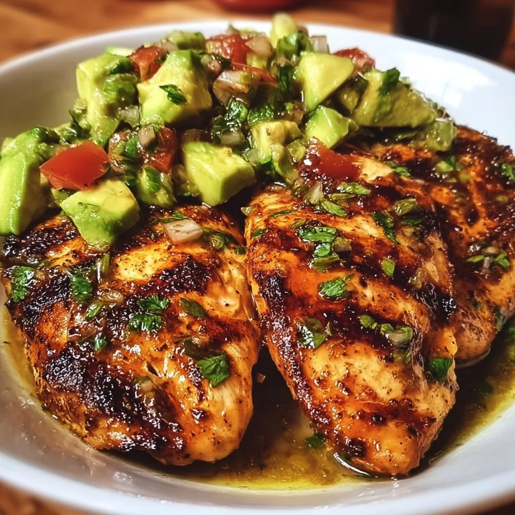 Plate of Fiesta Lime Chicken topped with fresh Avocado Salsa