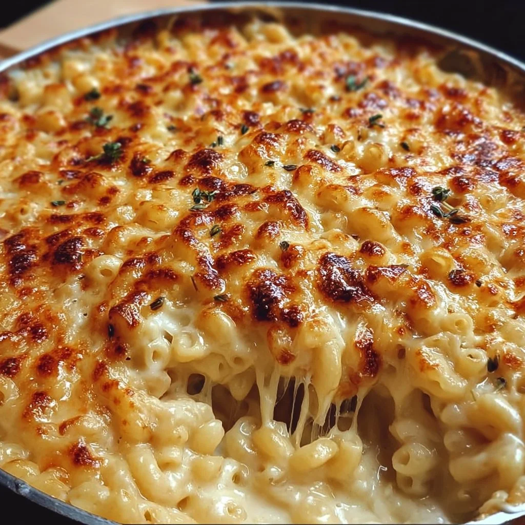 Delicious Five Cheese Baked Mac & Cheese served in a creamy sauce