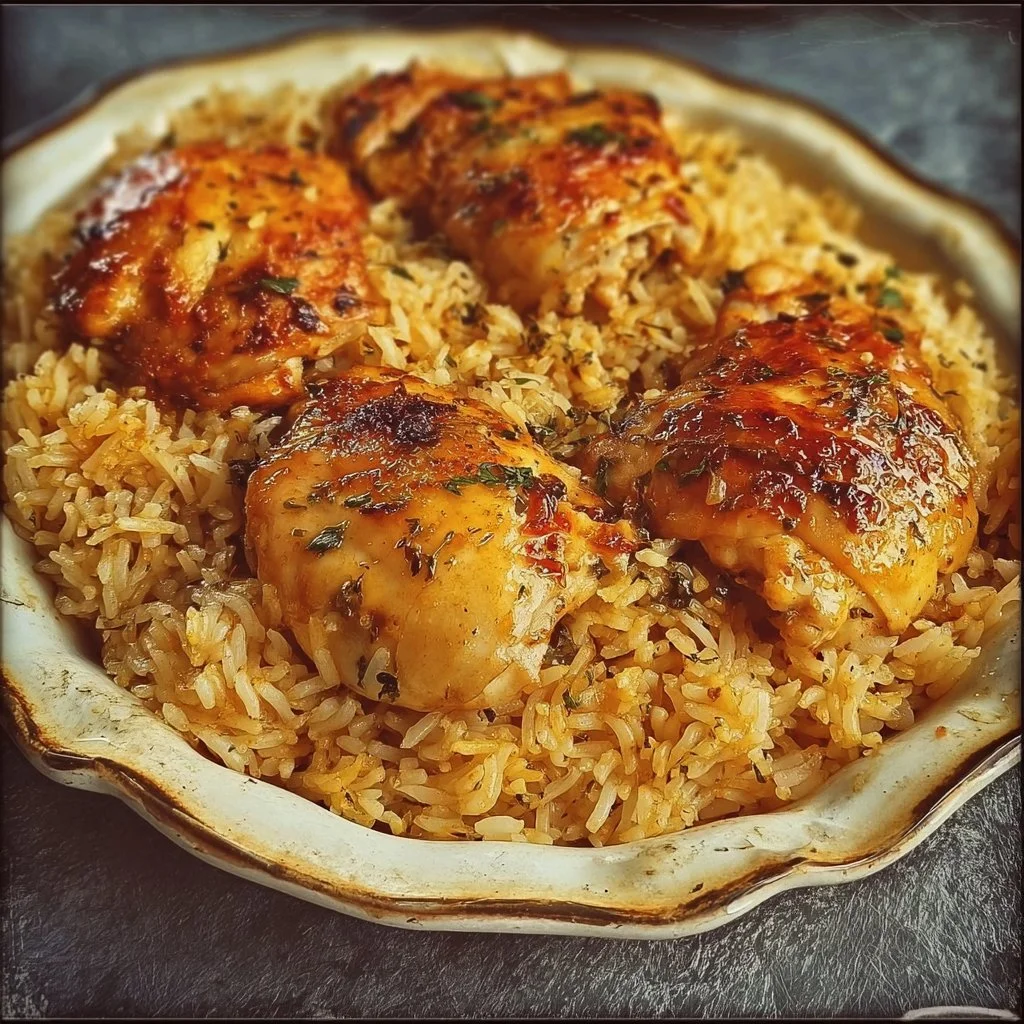 Plate of Forgotten Chicken and Rice garnished with herbs and spices