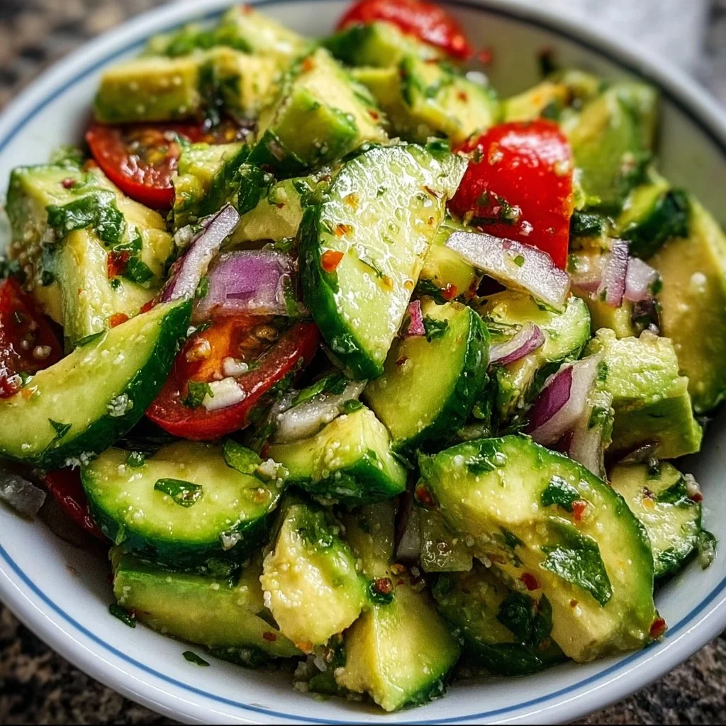 Fresh cucumber avocado salad with vibrant ingredients and healthy dressing