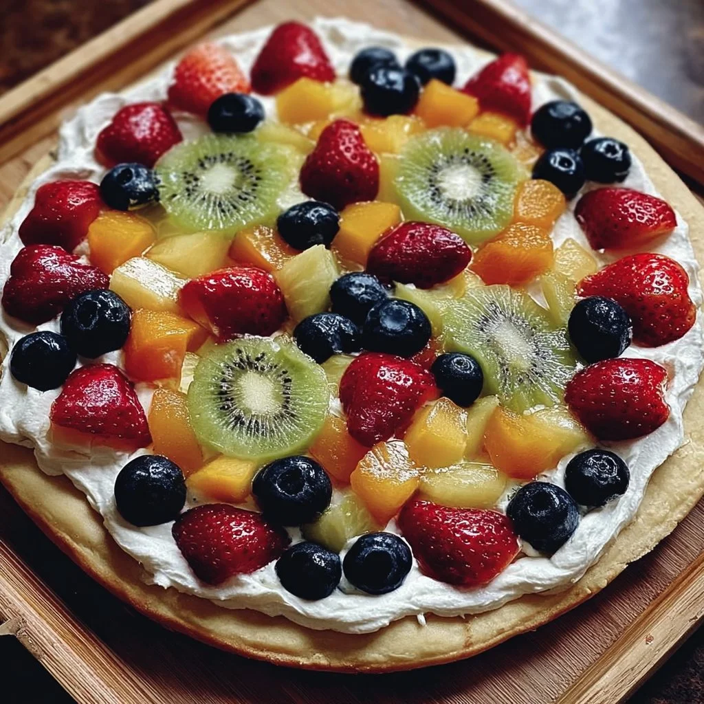Colorful fruit pizza topped with fresh fruits on a cookie crust