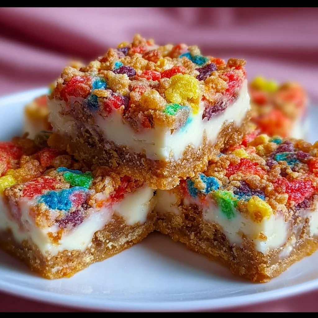 Delicious Fruity Pebbles Cookie Cheesecake Bars topped with colorful cereal