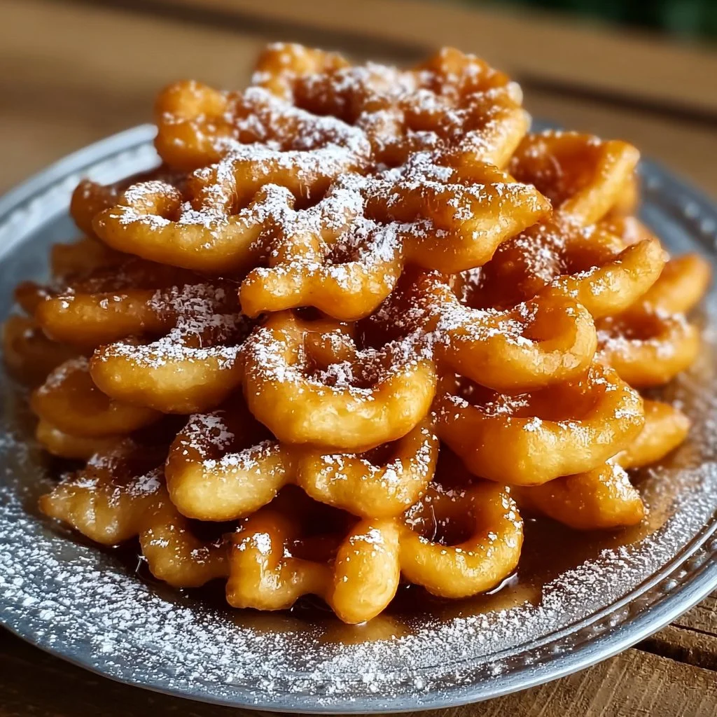 Deliciously golden funnel cake bites sprinkled with powdered sugar