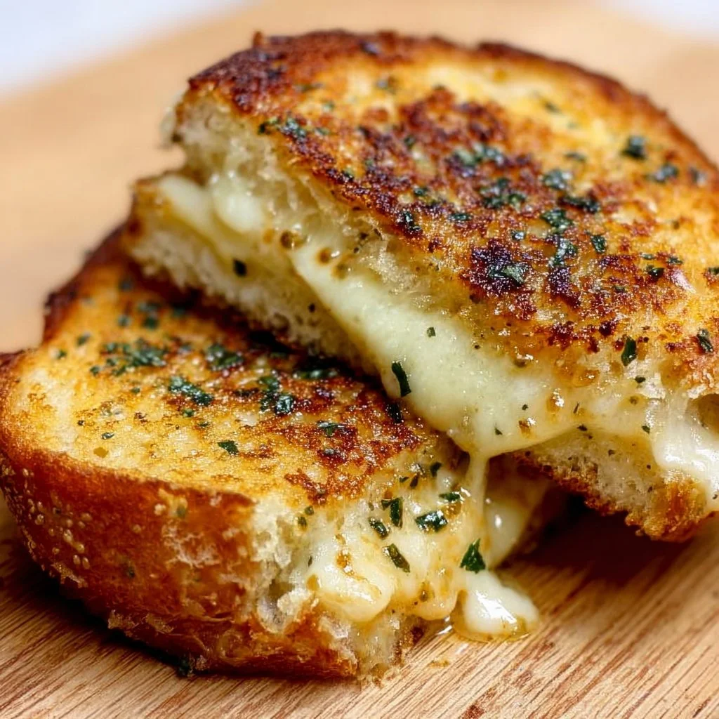 Delicious garlic bread grilled cheese sandwich with melted cheese