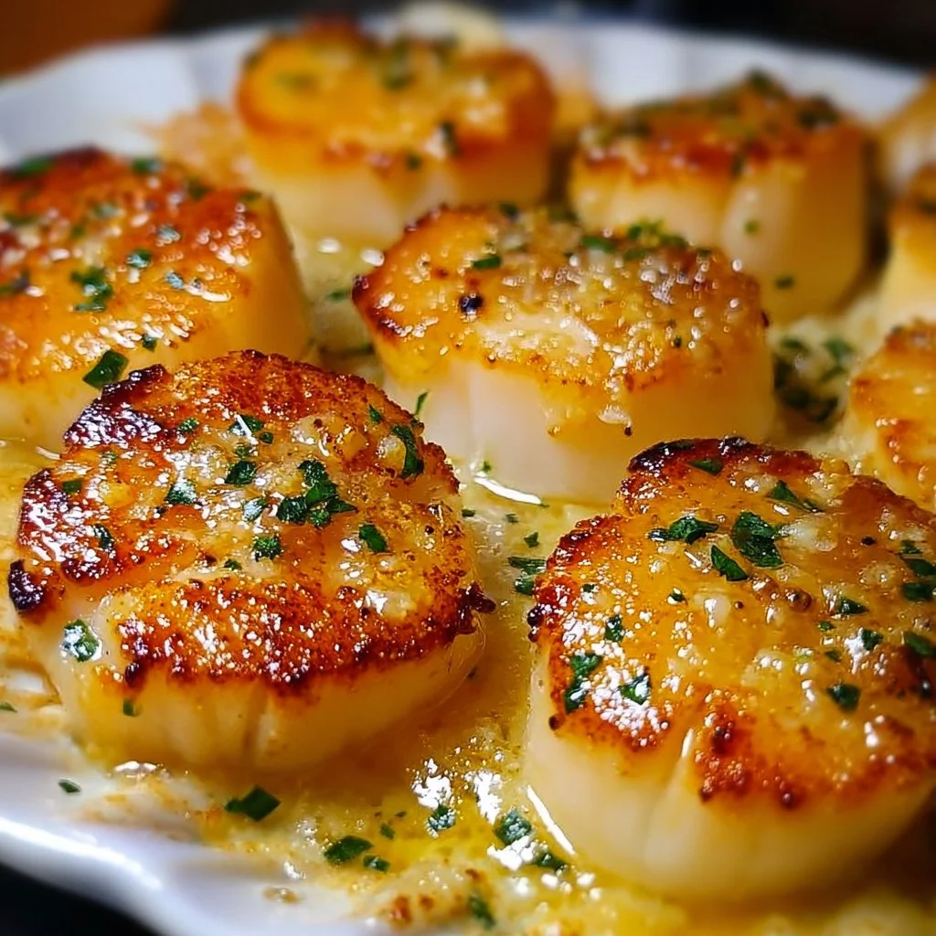 Delicious garlic butter baked scallops garnished with herbs