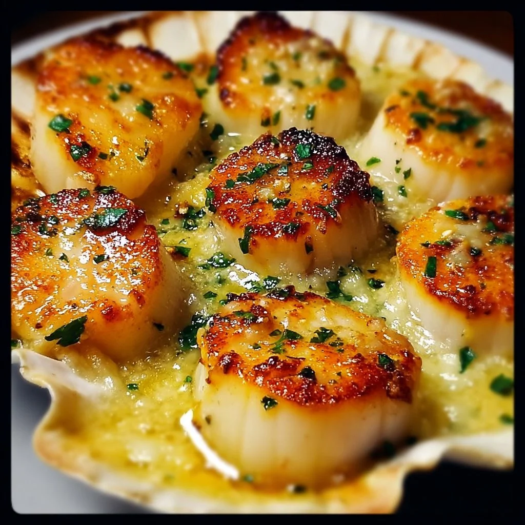 Delicious garlic butter baked scallops served in a dish.